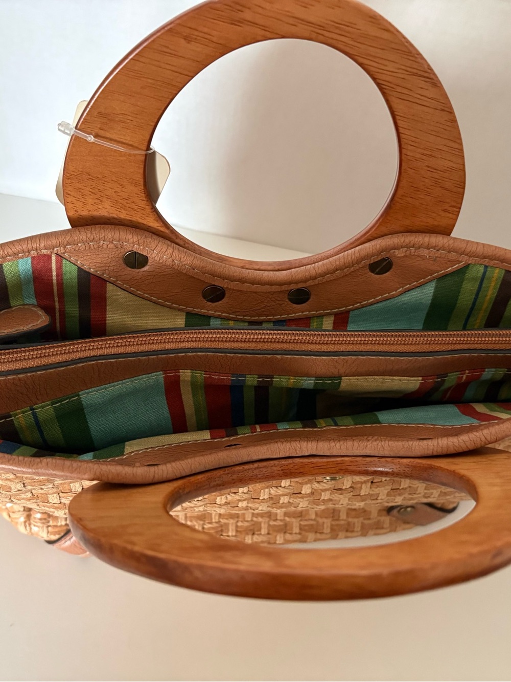 Fossil Tan Woven Tote with Circular Wood Handles - Picture 12 of 14